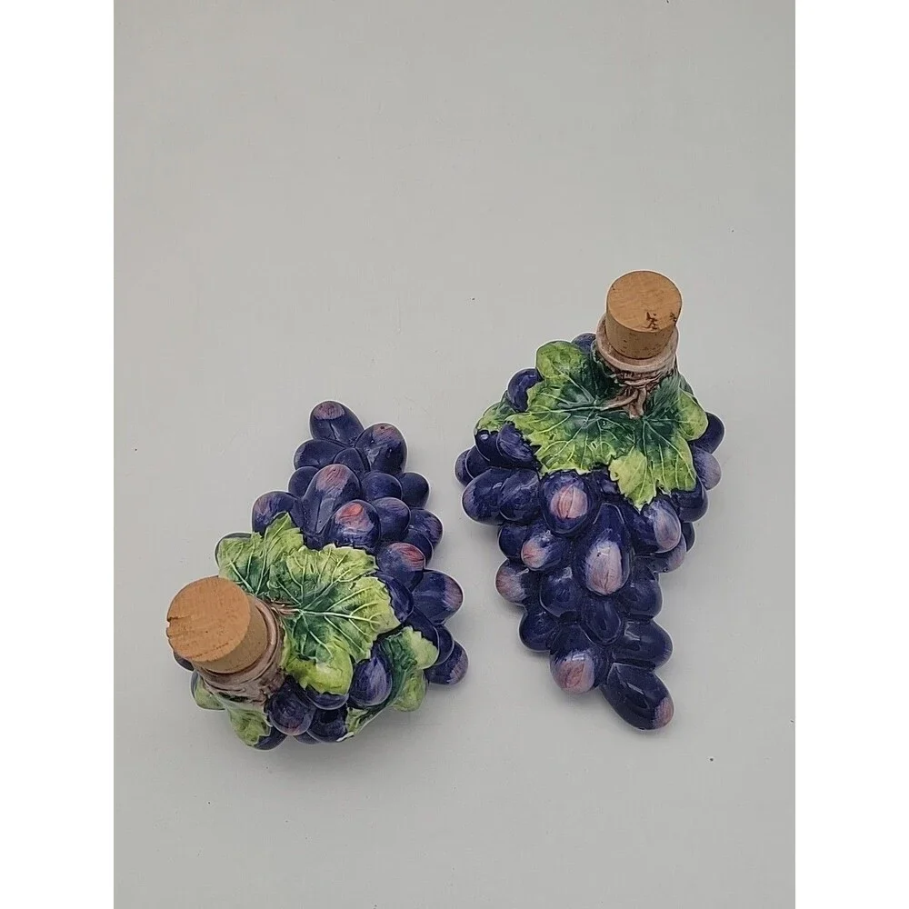 Mid Century Vintage Hand Painted Ceramic Grape Cluster Cork Wine Decanters Italy